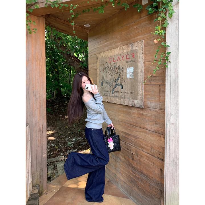 简约时尚修身显瘦百搭纯色长袖T恤上衣女高腰直筒休闲垂感阔腿裤