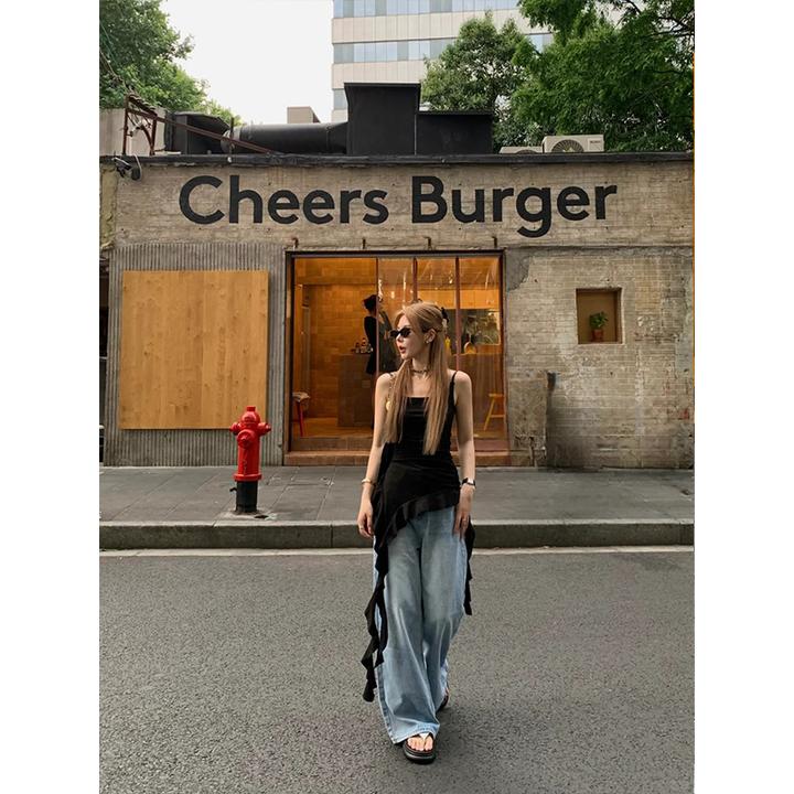 2024夏日性感辣妹黑色飘带背心吊带上衣女高腰直筒牛仔松弛感长裤