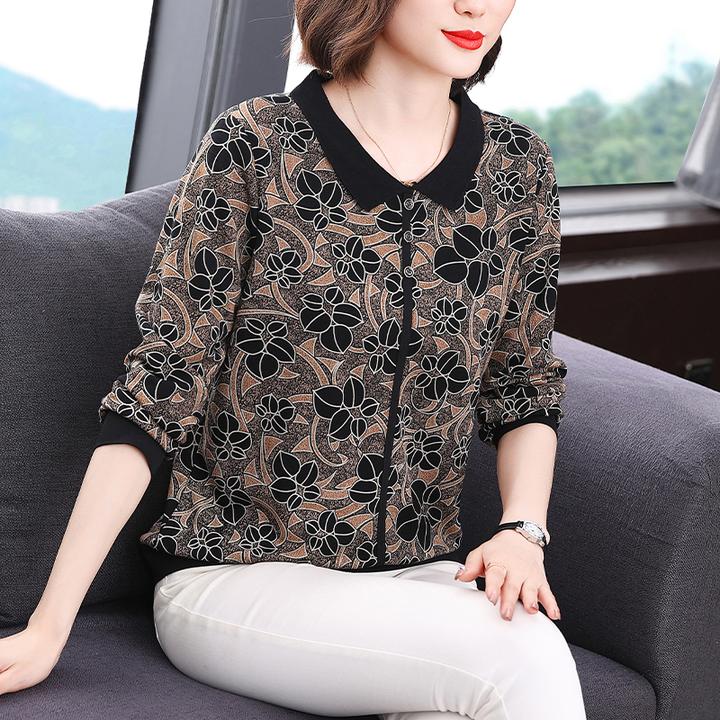 翻领长袖t恤女2025年春装新款大码宽松打底衫洋气高贵妈妈装上衣