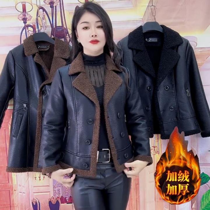 加绒加厚皮衣秋冬新款2025PU皮毛一体短款保暖羊羔修身外套美拉德