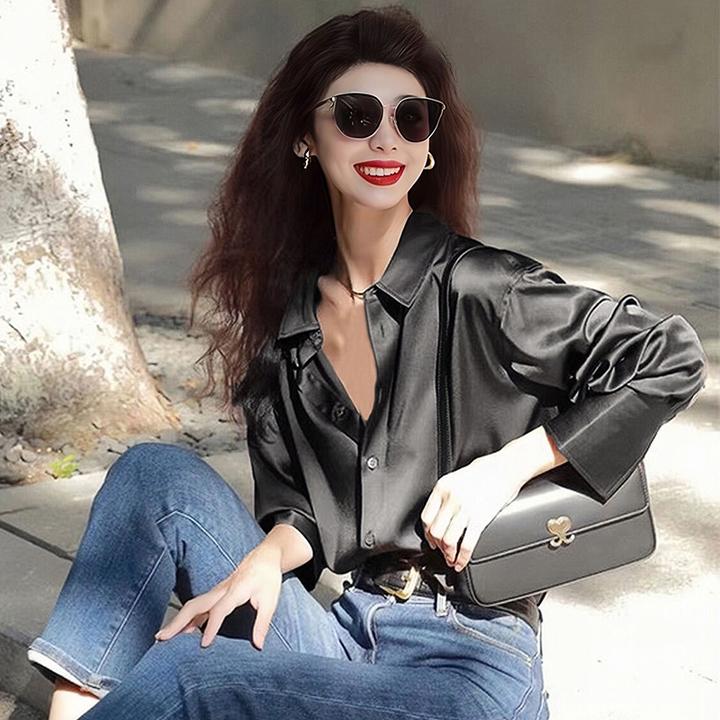 时尚洋气黑色港味复古chic衬衫设计感轻奢高级感衬衣缎面衬衣长袖