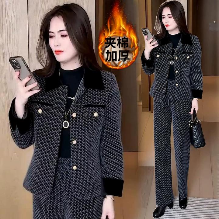 小香风时尚套装女名媛冬季新款洋气质毛呢夹棉短外套阔腿裤两件套