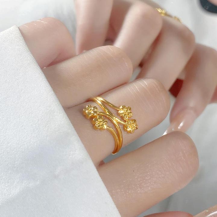 铜合金戒指 繁花金色戒指小众设计时尚花朵素圈工艺食指戒女精致