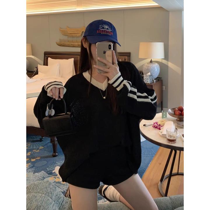 韩国chic夏季复古慵懒风V领撞色宽松休闲百搭长袖条纹针织衫EQ20