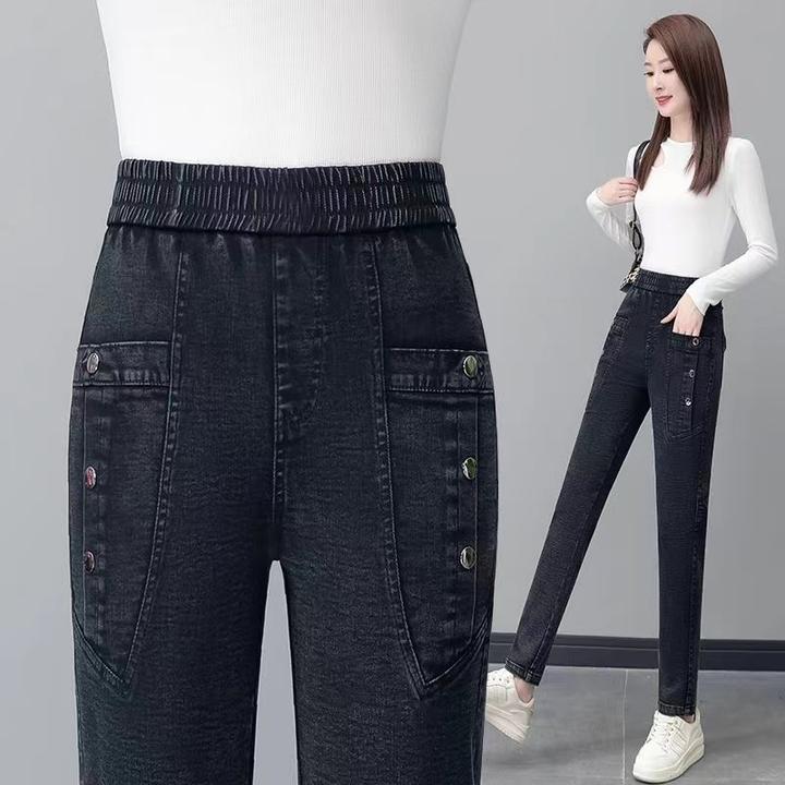 大码弹力高腰牛仔裤女2025新款春季哈伦松紧腰胖MM显瘦小脚铅笔裤