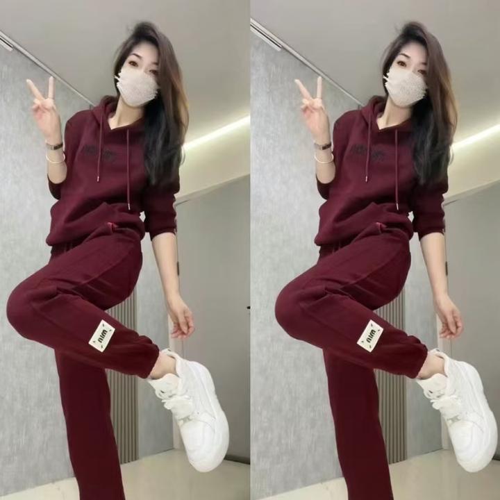 加绒休闲运动套装2025冬季新款洋气韩版连帽加厚卫衣束脚裤两件套