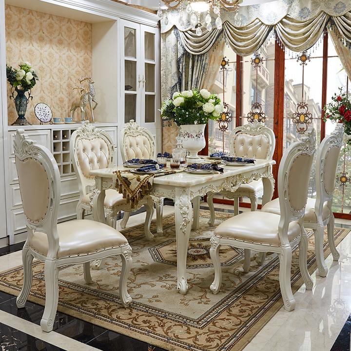 欧式餐桌椅组合大理石方桌6人家用简约现代饭桌全实木雕花餐桌椅