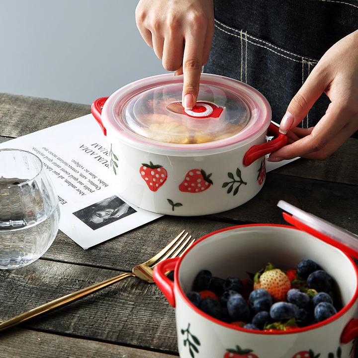 微波炉陶瓷双耳保鲜碗三件套密封储物罐外卖打包碗可爱耐热便当盒