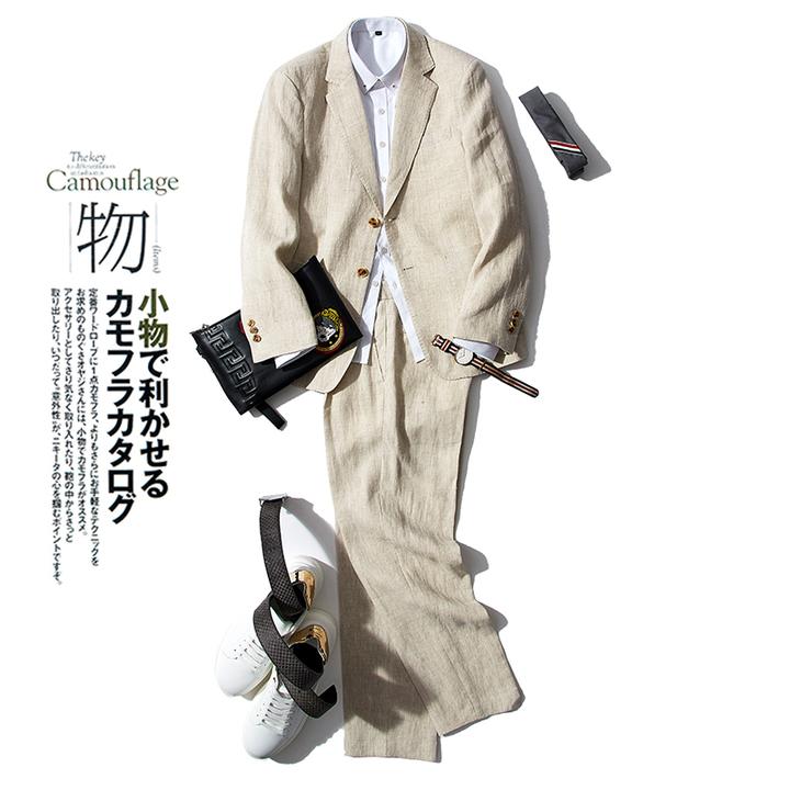 轻薄时尚日系复古亚麻休闲西服套装男士英伦绅士修身西装两件套潮