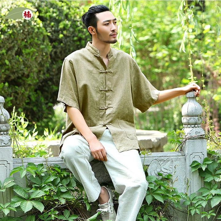 楠中国风唐装对襟短袖男立领宽松薄款中式苎麻大码半袖夏季男士