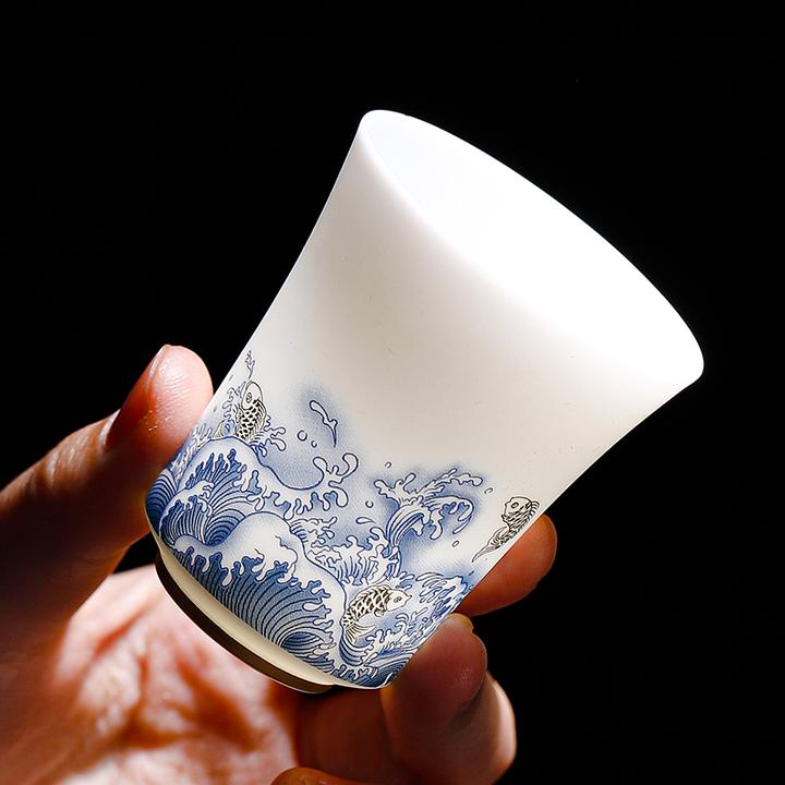 素烧羊脂玉瓷海浪主人杯手绘泡茶杯家用功夫茶具白瓷茶杯个人专用