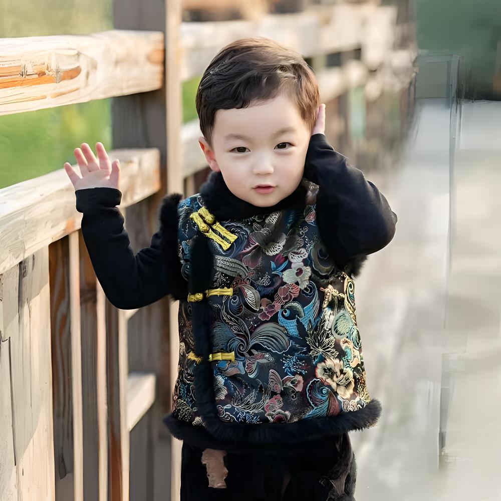 儿童唐装男冬季中国风衣服中国风加厚周岁宝宝新年演出女童冬马甲