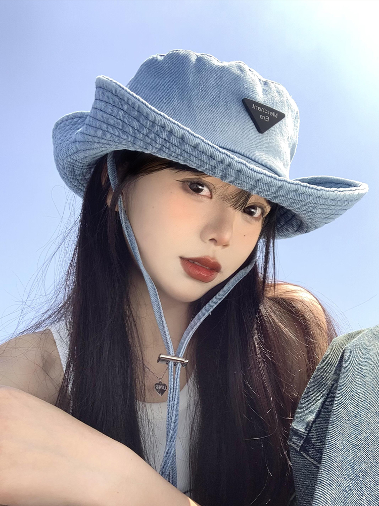 水洗牛仔户外登山帽女日系徒步大头围渔夫帽遮阳防晒西部牛仔帽子