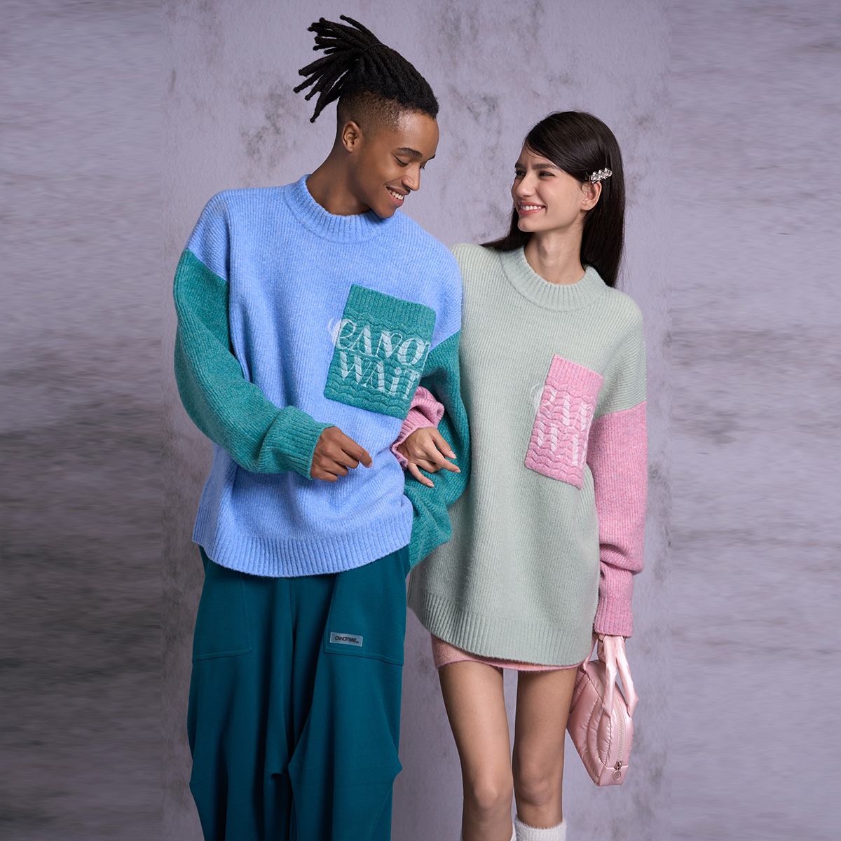 CANOTWAIT_陈伟霆撞色口袋毛衣休闲情侣圆领秋冬套头宽松情侣毛衣