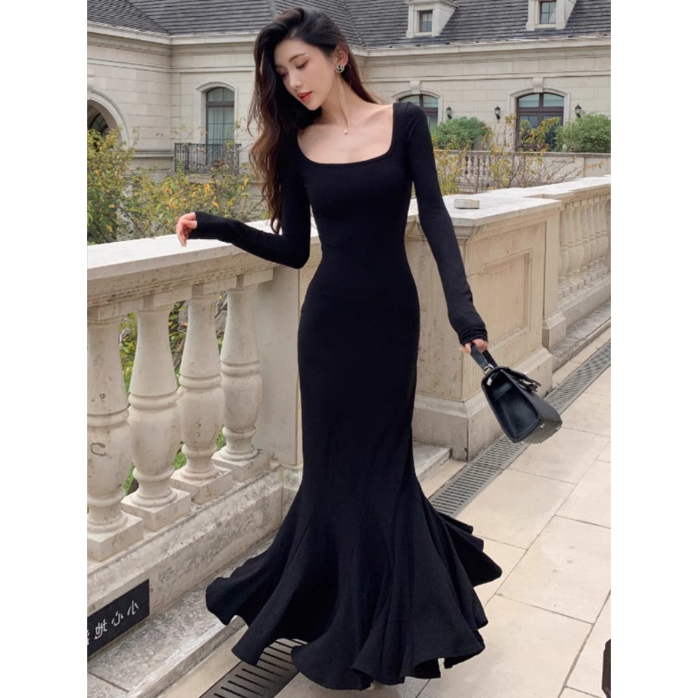 步步生莲鱼尾连衣裙女秋季长袖修身包臀内搭打底气质性感名媛长裙