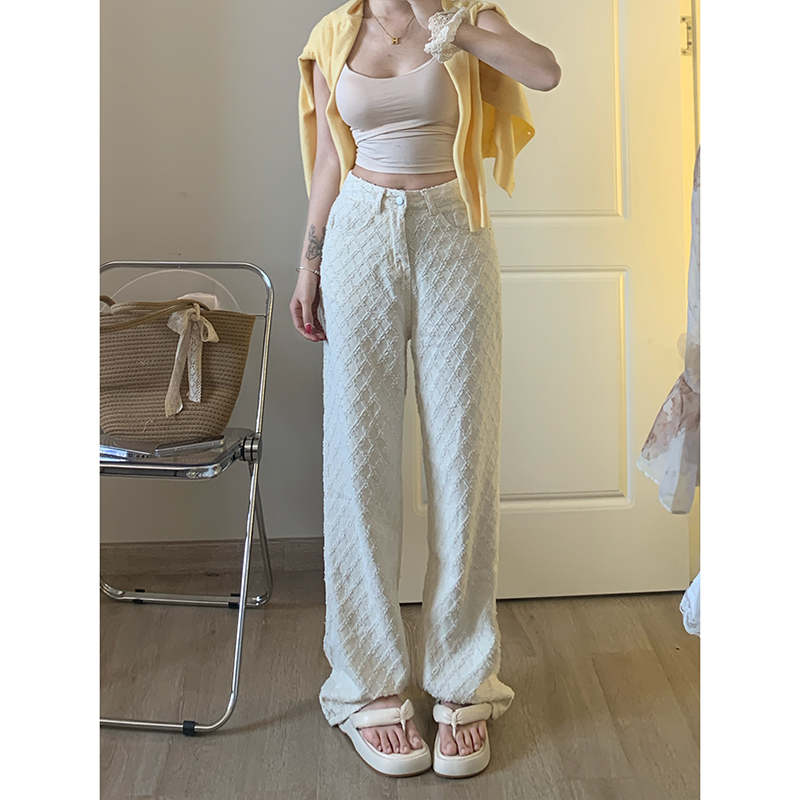 白色宽松菱格小香阔腿牛仔裤女2025冬季新款高腰显瘦窄版直筒裤