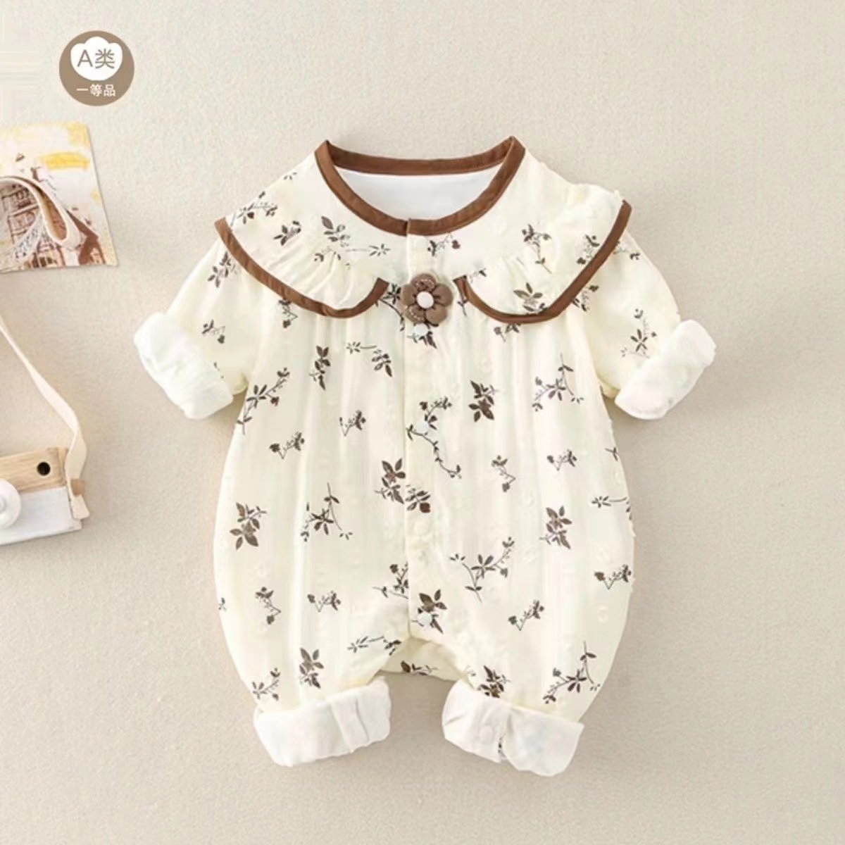 婴幼儿春秋服装双层满印衣服花朵女宝洋气连体衣婴儿社会摇宝宝