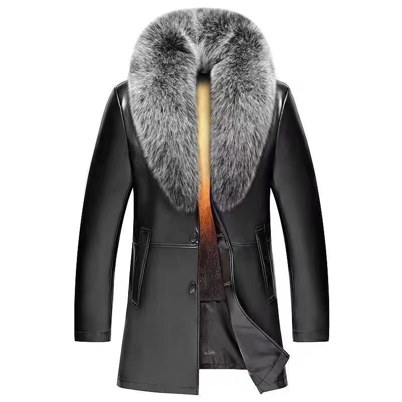 2024新款海宁中长款狐狸毛领皮衣男可拆卸内胆西装皮衣保暖爸爸装