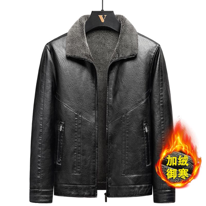 海宁男士皮衣加绒加厚皮夹克男款高档外套保暖新款加肥大码男装潮