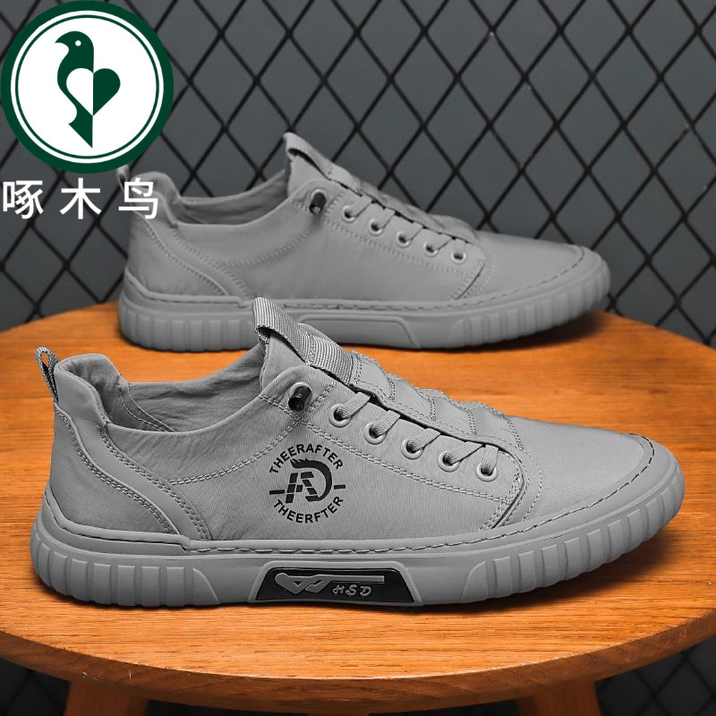 【正品】啄木鸟秋冬男鞋秋冬透气薄款布鞋一脚蹬休闲板鞋帆布潮鞋