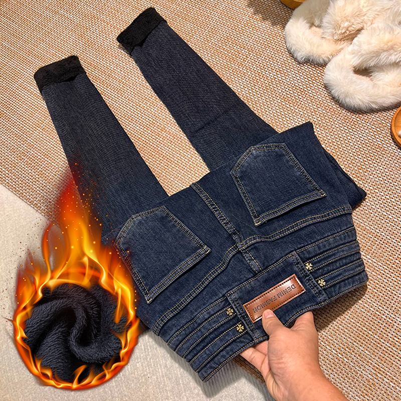 加绒加厚高腰弹力牛仔裤女2025冬季新款收腹百搭小个子保暖小脚裤