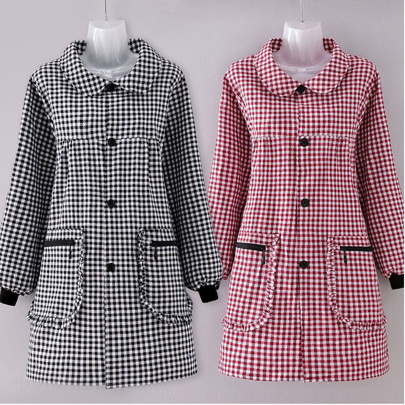 时尚纯棉正穿衣长袖围裙家用厨房耐脏年轻系扣罩衣女围裙厨房专用