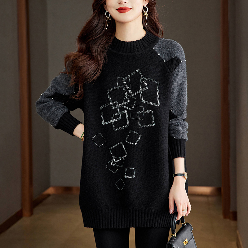 大码女装中长款毛衣洋气秋冬圆领针织衫中年胖妈妈宽松打底衫上衣