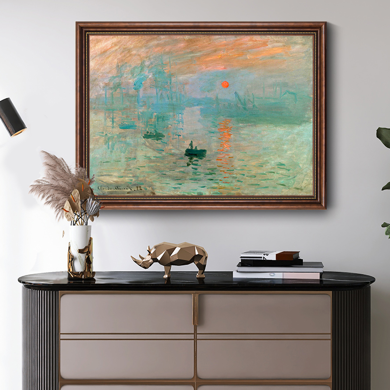 《日出印象》莫奈美式风景客厅装饰画餐厅山水肌理复古油画过道壁画