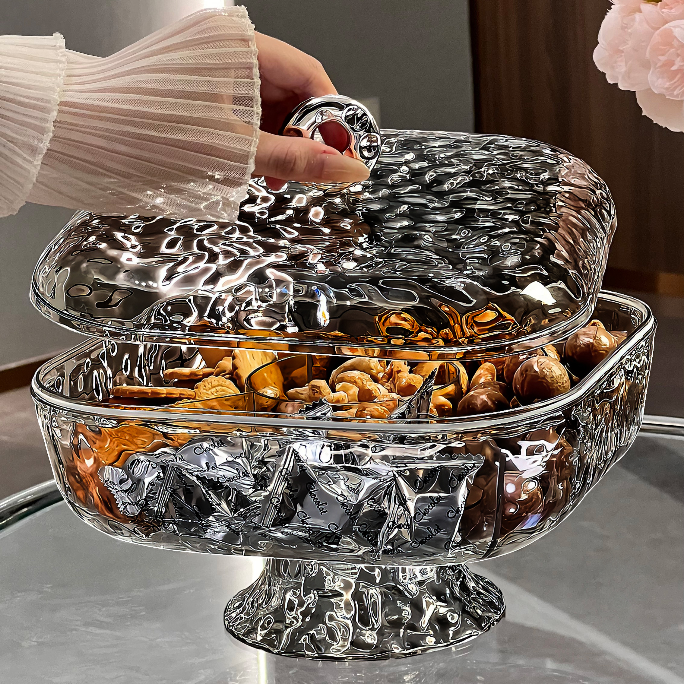 BSD旋转密封过年分格干果盘家用客厅新款糖果盘坚果盘零食摆放盘