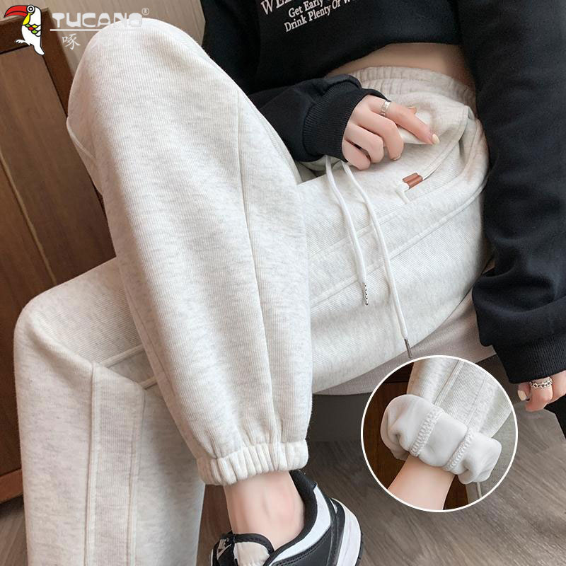 啄木鸟秋冬哈伦裤2024新款小个子加绒保暖外穿高腰束脚运动休闲裤