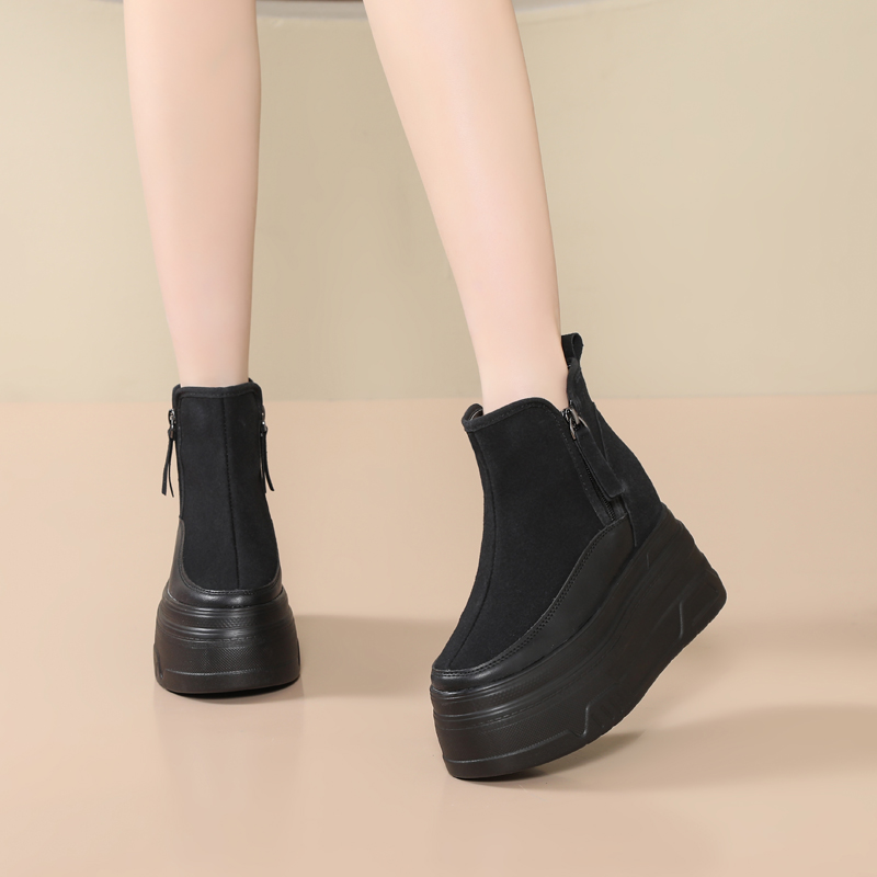 厚底松糕13CM短靴女磨砂皮小个子内增高11厘米秋冬新款黑色休闲鞋