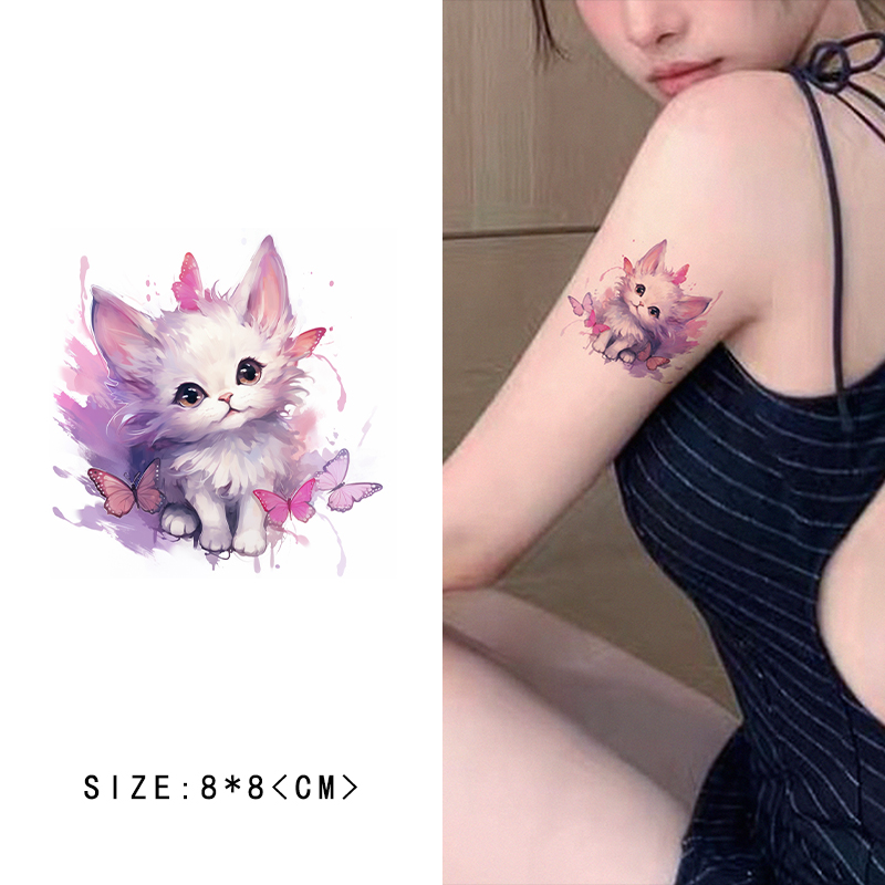 Q-SQH蝴蝶萌猫 原创高颜值小众卡通猫咪彩色纹身贴防水女持久手臂