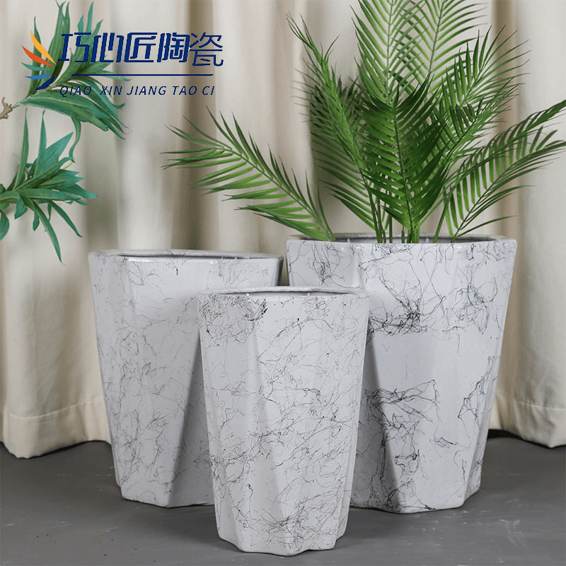 大理石花纹八角陶瓷花盆轻奢家用鸭脚木发财树