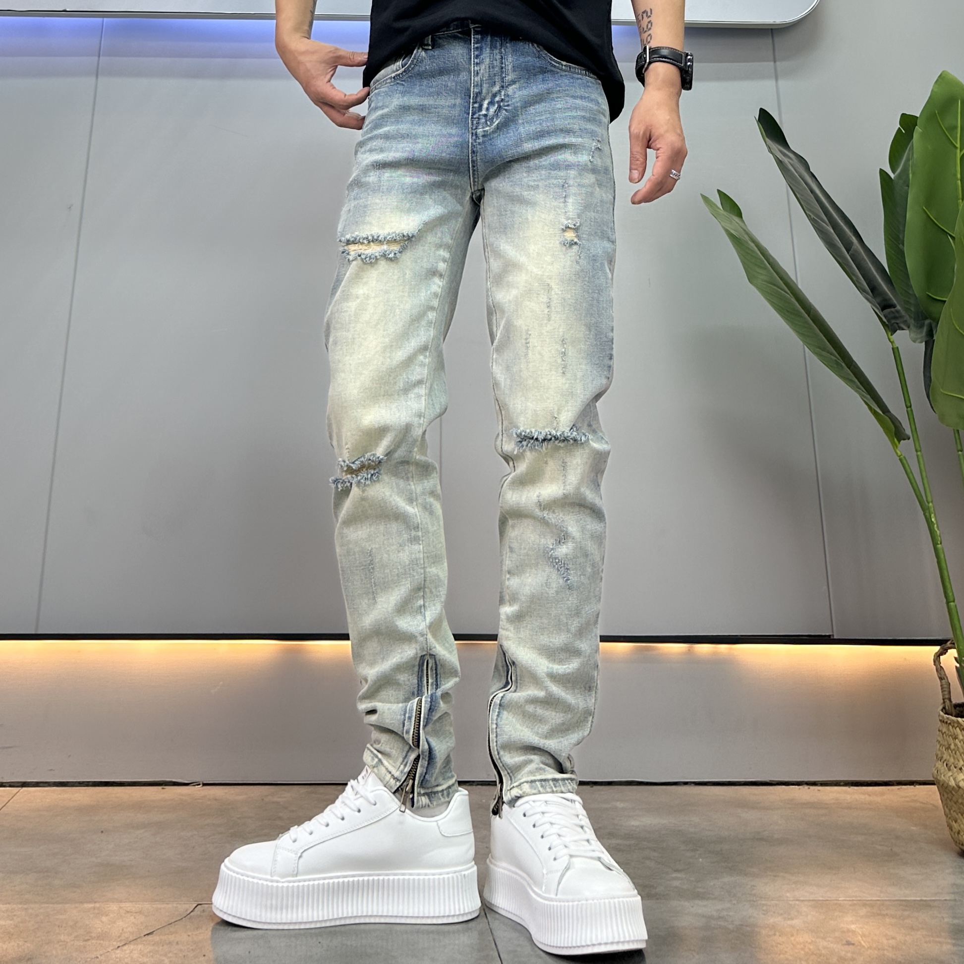 美式高街渐变潮春夏破洞潮流牛仔裤男设计感拉链开叉复古修身裤子