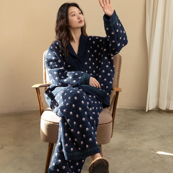 ZumashL/族玛士睡衣女秋冬半边绒家居服加厚保暖珊瑚绒套装可外穿