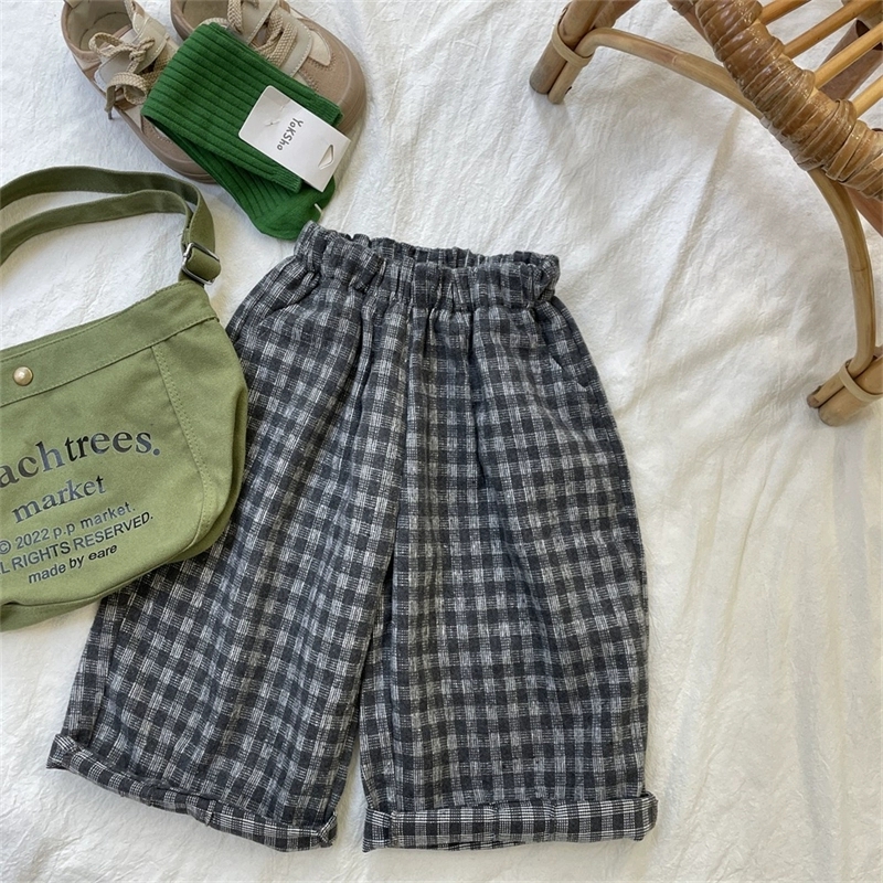 复古文艺~韩版儿童呢料格子直筒裤男女宝宝宽松休闲长裤子秋冬装