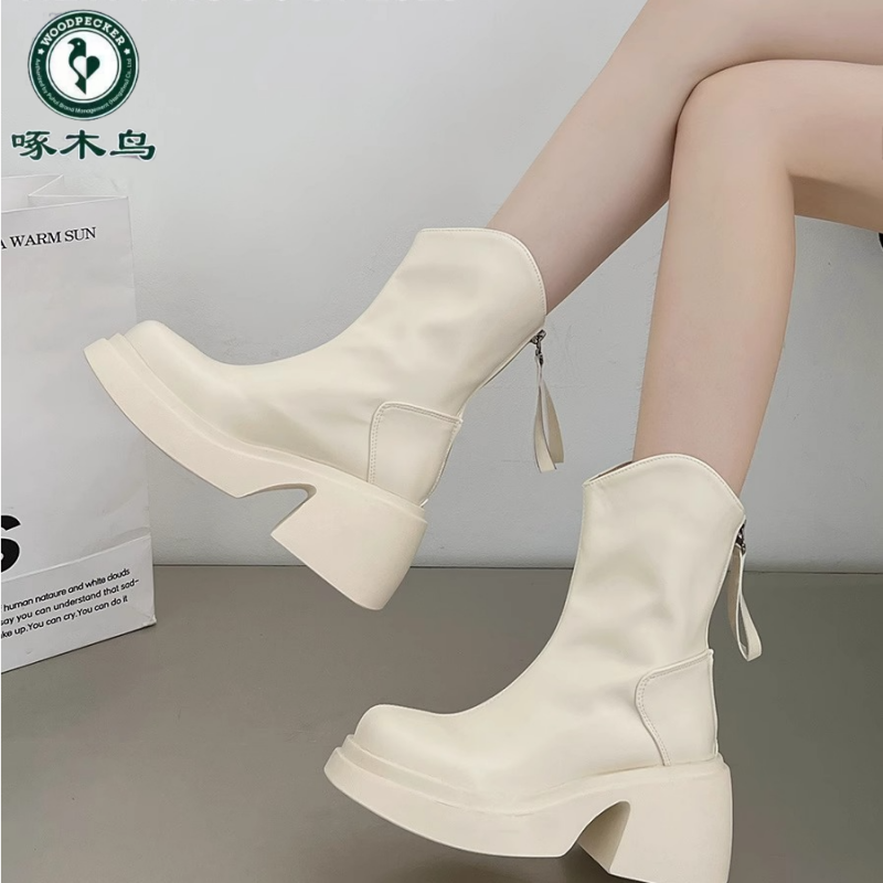 啄木鸟瘦瘦靴粗跟2025春季女款英伦风短靴小个子增高弹力切尔西靴