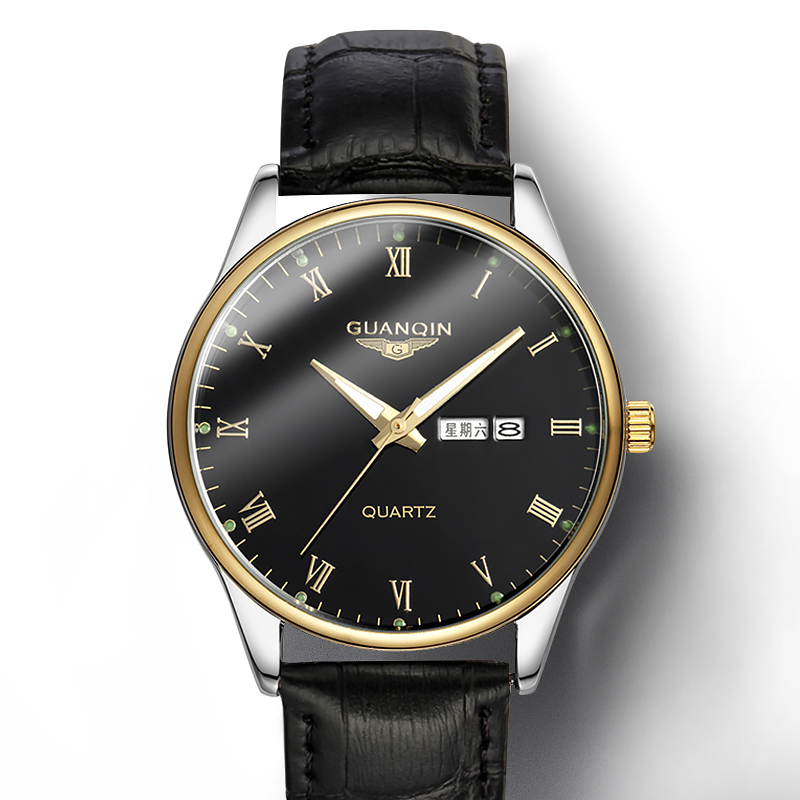 新款冠琴正品 男士防水石英表 真皮带双日历夜光时尚商务男士手表