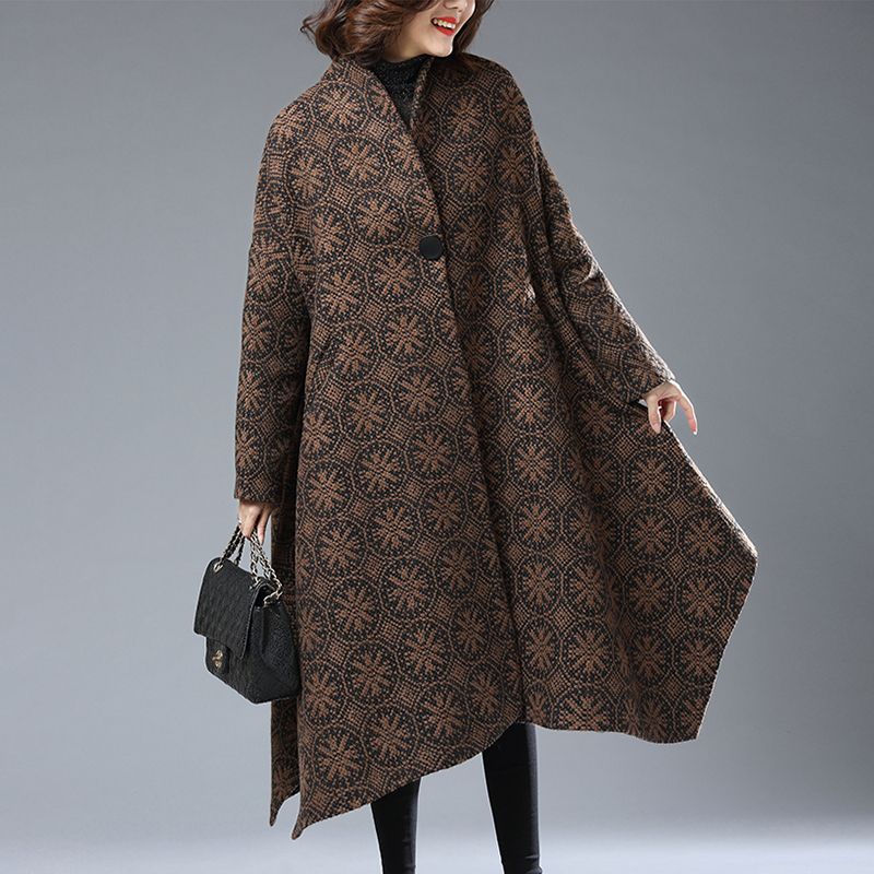 宽松大码斗篷毛呢外套女中长款中年妈妈羊毛呢大衣过膝复古文艺风