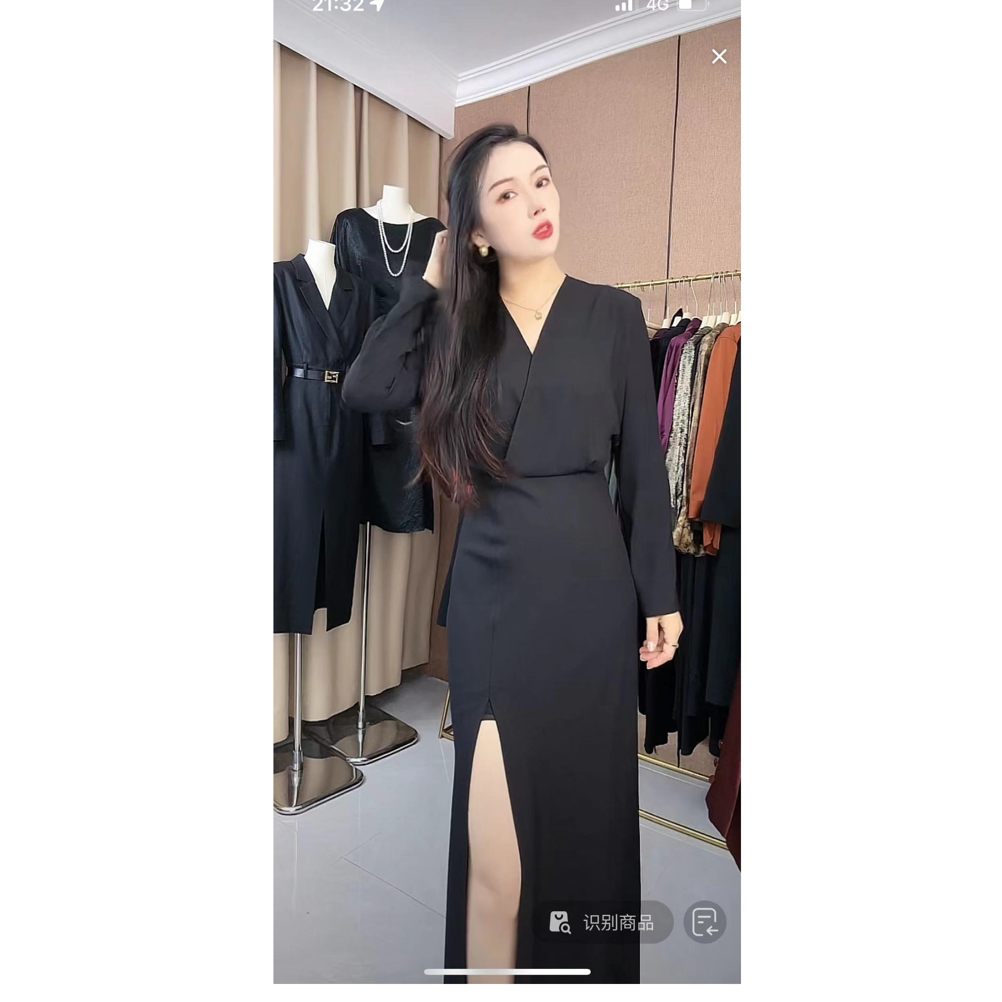 春季新款时尚V领气质小众收腰修身显瘦侧前开叉连衣裙643