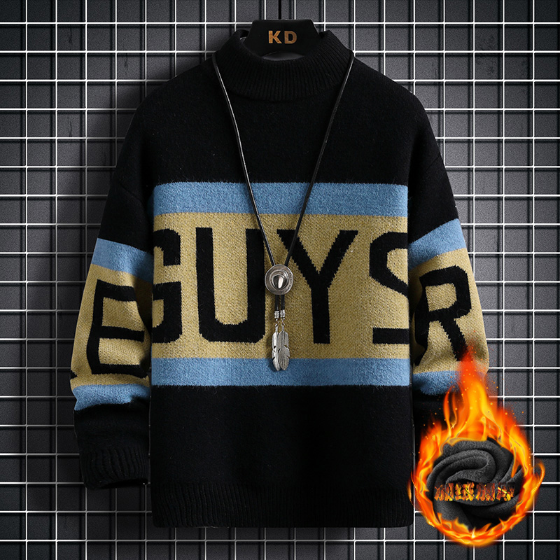 青少年秋冬季加绒加厚半高领毛衣男潮流保暖针织打底衫学生上衣服