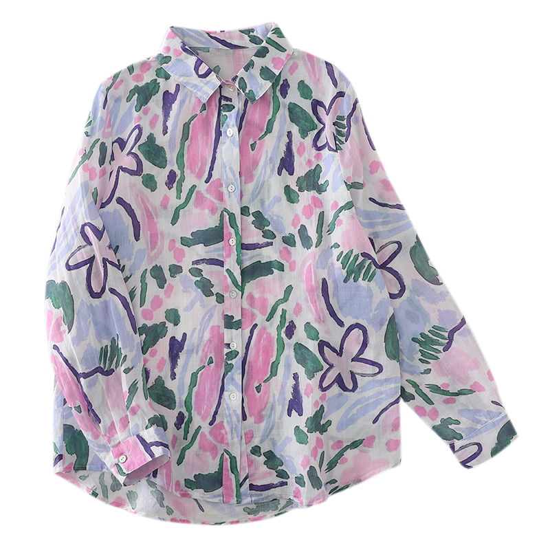 彩色水墨色时尚印花衬衫休闲秋季新款轻薄透气宽松长袖衬衣女上衣
