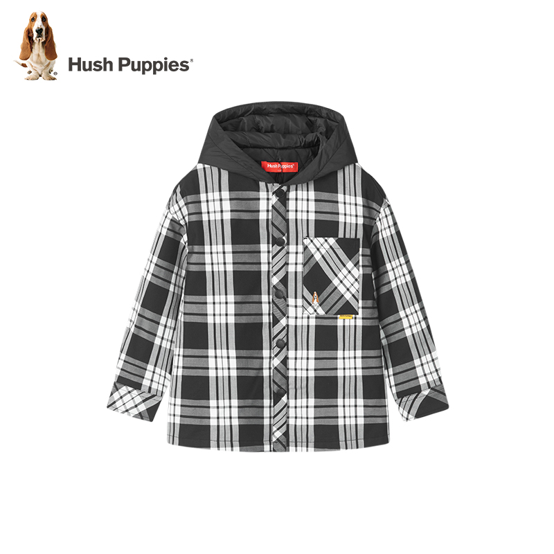 暇步士童装冬季新款格纹保暖连帽夹棉棉衬衫