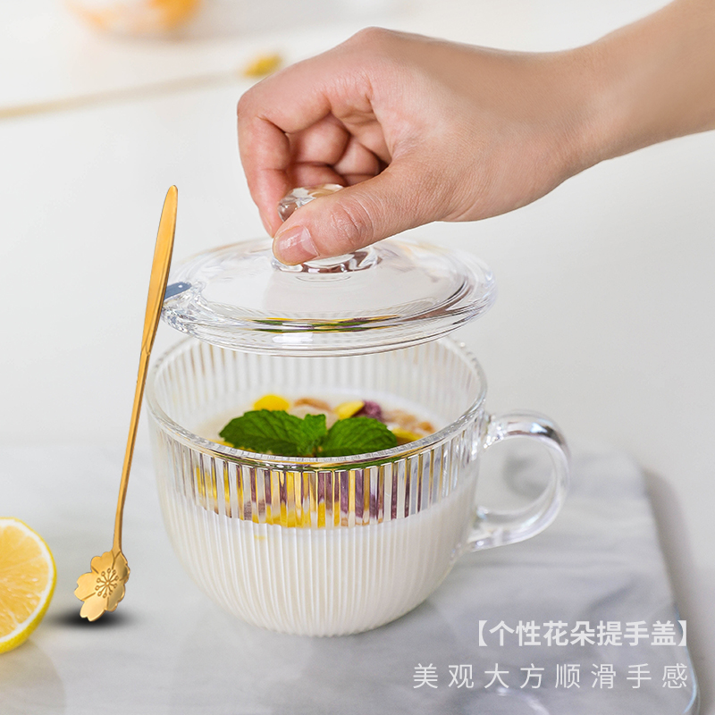 玻璃杯网红爆款竖纹早餐杯带盖牛奶杯家用茶水分离高颜值杯子玻璃