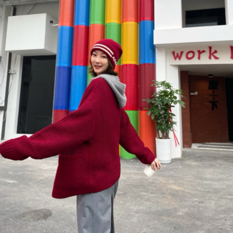 阿玛施红色慵懒风针织毛衣开衫秋冬安哥拉红百搭外套