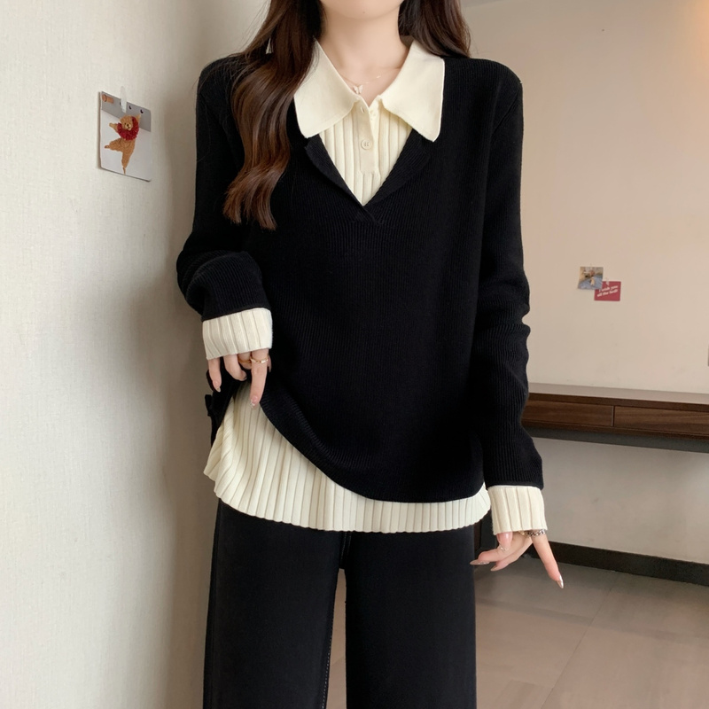 2025秋冬新款大码胖mm女装撞色polo领百搭减龄打底假两件针织衫女