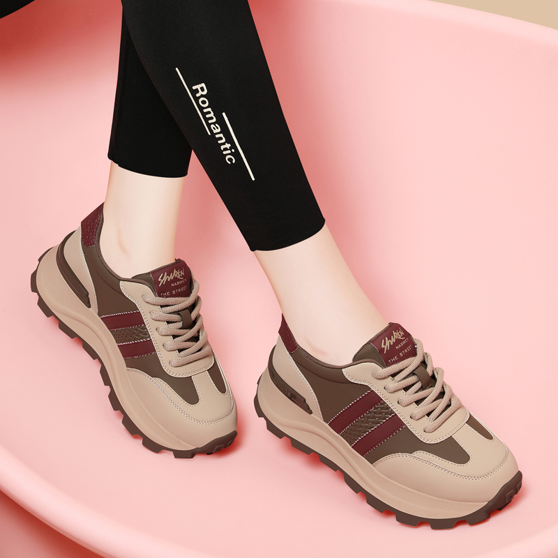 真皮鞋子女2024新款爆款秋冬季老爹鞋厚底运动休闲德训鞋百搭软底