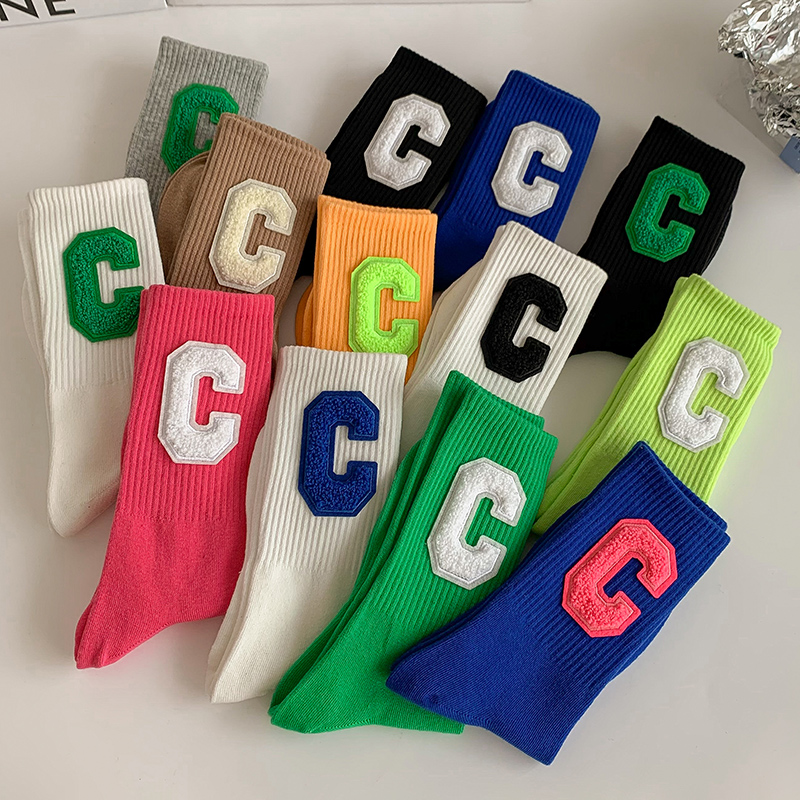 C字母袜子女中筒袜春季棉袜ins潮网红外穿配鲨鱼裤糖果色运动长袜