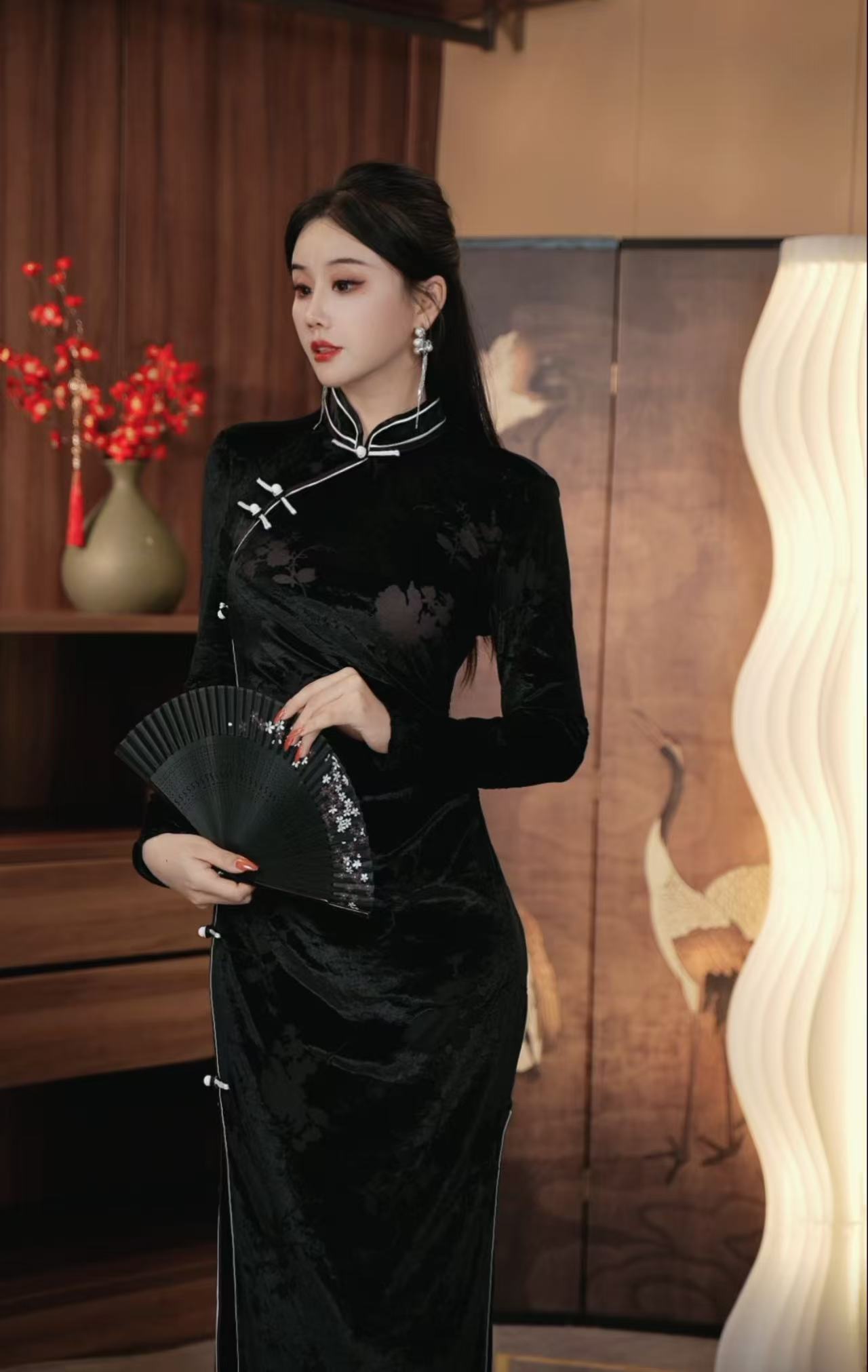 YUN 《十里繁花》气质显瘦修身古法定制国风中长款长袖雅丹开衩旗袍