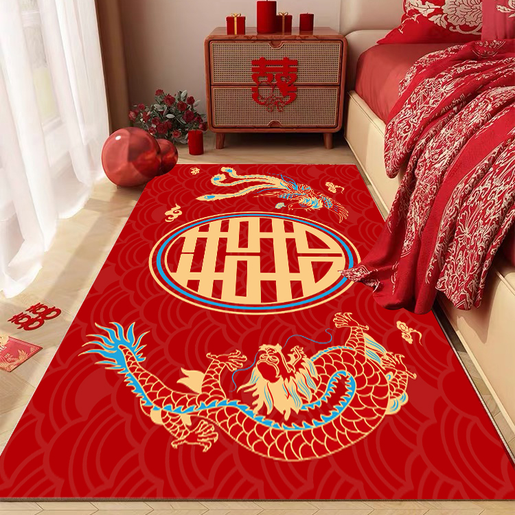 男方婚房布置卧室红色床边地毯加厚防滑结婚地垫入户门垫大门口垫